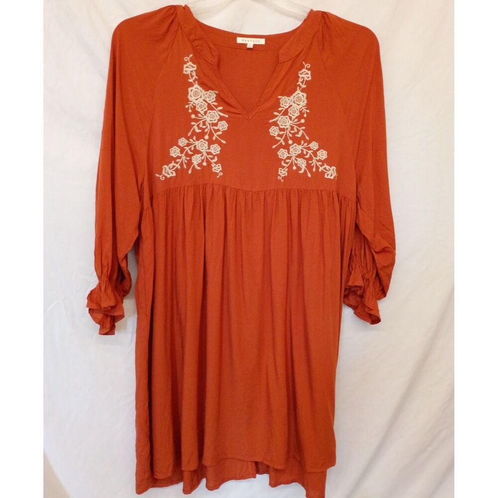 Embroidered Boho Dress L Rust Orange Floral Peasant Babydoll Smock Ruffle Mini